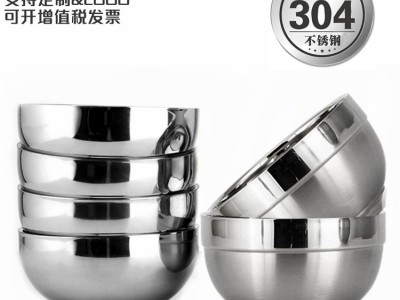 不銹鋼雙層亮光碗 家庭學校食堂湯碗隔熱雙層碗焊邊飯碗禮品