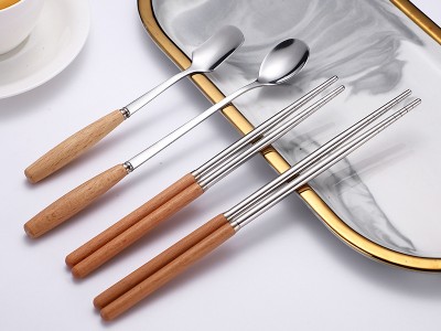 日式木柄不銹鋼餐具實木柄筷子餐刀叉子勺子禮品餐具批發激光刻字
