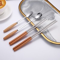 日式木柄不銹鋼餐具實木柄筷子餐刀叉子勺子禮品餐具批發(fā)激光刻字