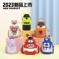 新款高顏值便攜兒童保溫杯卡通保溫壺學生背帶316不銹鋼吸管水杯