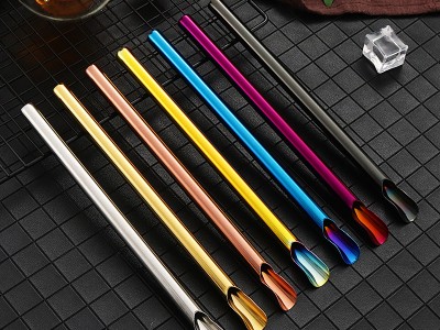 304不銹鋼吸管 創(chuàng)意奶茶冷飲咖啡攪拌沙冰吸管鍍色兩用吸管勺