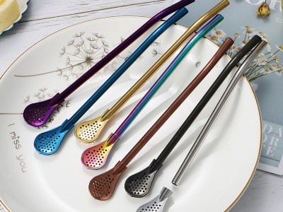 廠家直供不銹鋼304可拆卸吸管漏勺 茶漏果汁殘渣勺奶茶咖啡攪拌勺