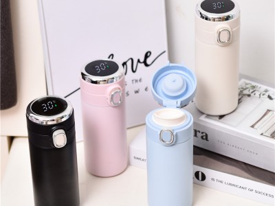 新款雙層真空彈跳蓋不銹鋼保溫杯智能溫度顯示豌豆杯測溫商務水杯