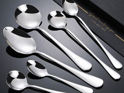 1010不銹鋼勺子家用加厚吃飯圓勺甜品調(diào)羹鏡面亮光西餐具尖勺批發(fā)